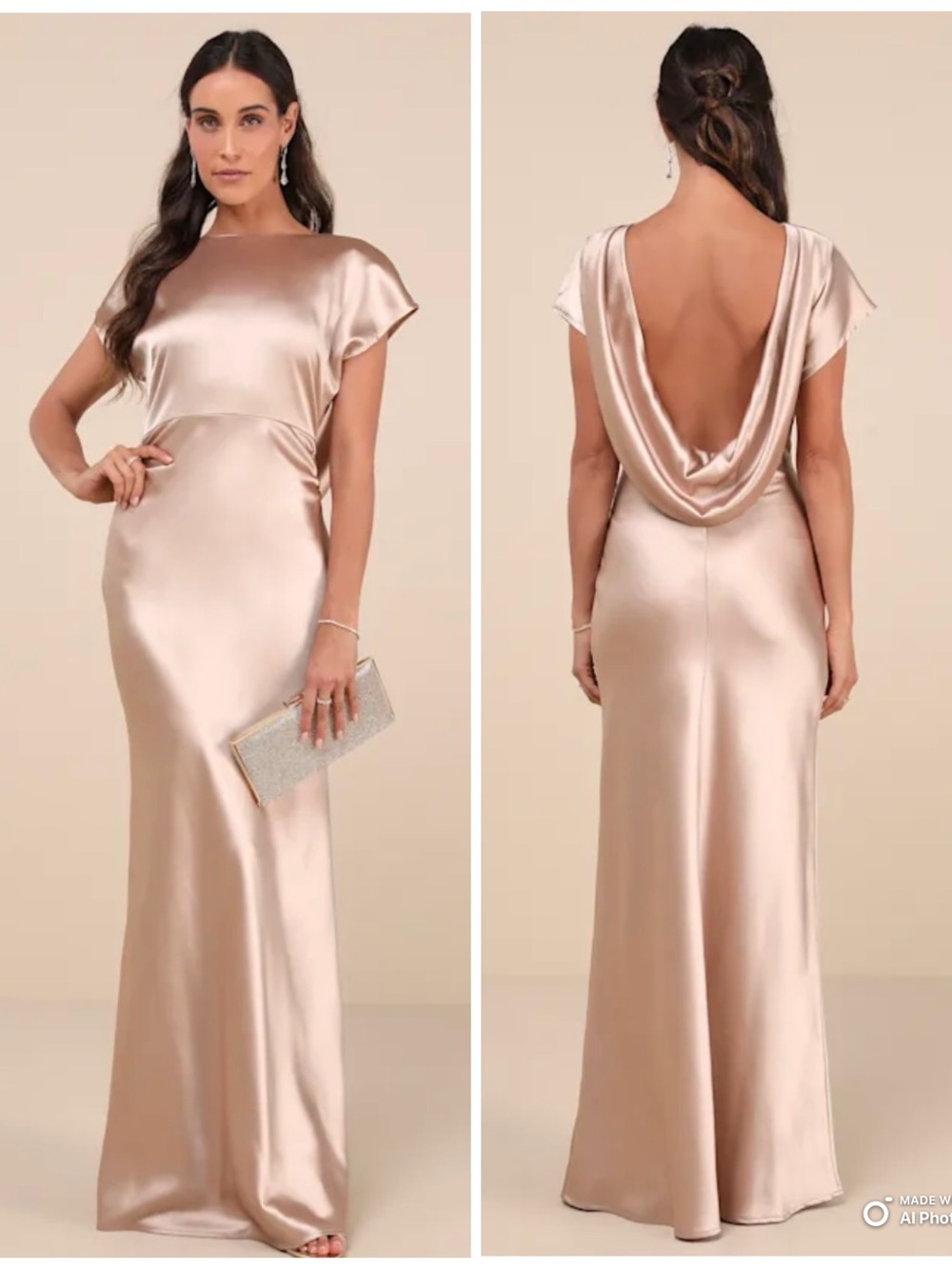 Lulus Large Captivating Presence Champagne Satin Cowl Back Maxi Dress NWT FLAW